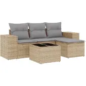 vidaXL 5-tlg. Garten-Sofagarnitur mit Kissen Beige Poly Rattan