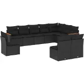 vidaXL 10-tlg. Garten-Sofagarnitur mit Kissen Schwarz Poly Rattan