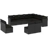 vidaXL 12-tlg. Garten-Sofagarnitur mit Kissen Schwarz Poly Rattan