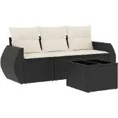 vidaXL 4-tlg. Garten-Sofagarnitur mit Kissen Schwarz Poly Rattan