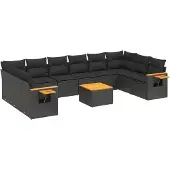vidaXL 11-tlg. Garten-Sofagarnitur mit Kissen Schwarz Poly Rattan