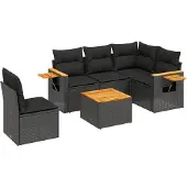 vidaXL 6-tlg. Garten-Sofagarnitur mit Kissen Schwarz Poly Rattan