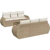 vidaXL 7-tlg. Garten-Sofagarnitur mit Kissen Beige Poly Rattan