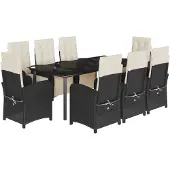 vidaXL 9-tlg. Garten-Essgruppe mit Kissen Schwarz Poly Rattan