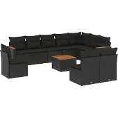 vidaXL 11-tlg. Garten-Sofagarnitur mit Kissen Schwarz Poly Rattan