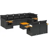 vidaXL 10-tlg. Garten-Sofagarnitur mit Kissen Schwarz Poly Rattan