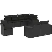 vidaXL 8-tlg. Garten-Sofagarnitur mit Kissen Schwarz Poly Rattan