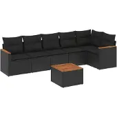 vidaXL 7-tlg. Garten-Sofagarnitur mit Kissen Schwarz Poly Rattan