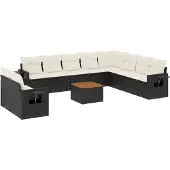 vidaXL 11-tlg. Garten-Sofagarnitur mit Kissen Schwarz Poly Rattan