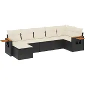 vidaXL 7-tlg. Garten-Sofagarnitur mit Kissen Schwarz Poly Rattan