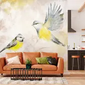 Artgeist Fototapete – Gemalte Meisen – ein Vogelmotiv mit Mustern in Gelb- und Beigetönen