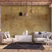 Artgeist Fototapete – Abstrakte Natur in Beige – Komposition mit goldenen exotischen Blättern