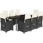 vidaXL 9-tlg. Garten-Essgruppe mit Kissen Schwarz Poly Rattan