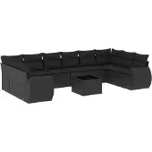 vidaXL 11-tlg. Garten-Sofagarnitur mit Kissen Schwarz Poly Rattan