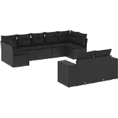 vidaXL 9-tlg. Garten-Sofagarnitur mit Kissen Schwarz Poly Rattan