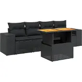 vidaXL 5-tlg. Garten-Sofagarnitur mit Kissen Schwarz Poly Rattan