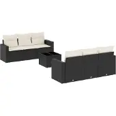 vidaXL 7-tlg. Garten-Sofagarnitur mit Kissen Schwarz Poly Rattan