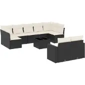 vidaXL 10-tlg. Garten-Sofagarnitur mit Kissen Schwarz Poly Rattan