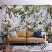 Artgeist Fototapete – Natur im Retro-Stil – Dschungellandschaft mit hellen Blättern und Blüten