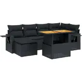 vidaXL 7-tlg. Garten-Sofagarnitur mit Kissen Schwarz Poly Rattan