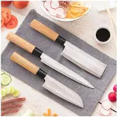 InnovaGoods Set de Küchenmesser mit Scheide de Transport, Messer mit Griffen de Holz, Filetiermesser, Santoku und Axt, Klingen de Edelstahl de Damast Stil 2,5mm (3 PCS)