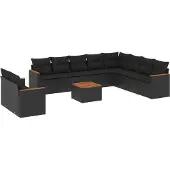 vidaXL 11-tlg. Garten-Sofagarnitur mit Kissen Schwarz Poly Rattan