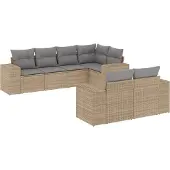 vidaXL 7-tlg. Garten-Sofagarnitur mit Kissen Beige Poly Rattan