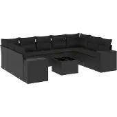 vidaXL 10-tlg. Garten-Sofagarnitur mit Kissen Schwarz Poly Rattan