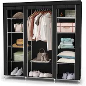 Intirilife Faltschrank 150x175x45 cm in RABEN SCHWARZ - mit Reißverschluss Stoffschrank Kleiderschrank mit Kleiderstange, Fächern und Seitentasche - Camping Steckschrank Textil Garderobe