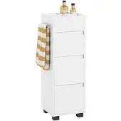 SoBuy Badezimmerschrank – Schmaler Badschrank mit 3 Schubladen, 4 Fächern, Handtuchhalter, Kommode – Kompakte Badmöbel in Holz Weiß 30x90x30cm BZR29-W