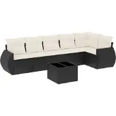 vidaXL 7-tlg. Garten-Sofagarnitur mit Kissen Schwarz Poly Rattan