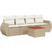 vidaXL 5-tlg. Garten-Sofagarnitur mit Kissen Beige Poly Rattan
