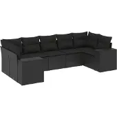 vidaXL 7-tlg. Garten-Sofagarnitur mit Kissen Schwarz Poly Rattan