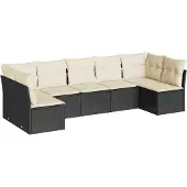 vidaXL 7-tlg. Garten-Sofagarnitur mit Kissen Schwarz Poly Rattan