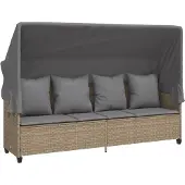 vidaXL Sonnenliege mit Dach und Kissen Beige Poly Rattan