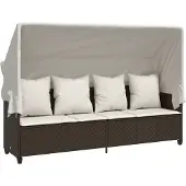 vidaXL Sonnenliege mit Dach und Kissen Braun Poly Rattan
