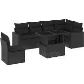 vidaXL 7-tlg. Garten-Sofagarnitur mit Kissen Schwarz Poly Rattan