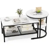 Costway Kombinierbare Couchtische, 2-teiliges Kaffeetisch-Set mit Kunstmarmorplatte & zusätzlicher Ablagefläche, kleiner runder Beistelltisch & rechteckiger Sofatisch für Wohnzimmer, Schlafzimmer