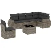 vidaXL 7-tlg. Garten-Sofagarnitur mit Kissen Grau Poly Rattan