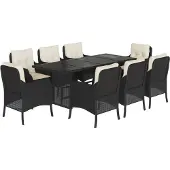 vidaXL 9-tlg. Garten-Essgruppe mit Kissen Schwarz Poly Rattan