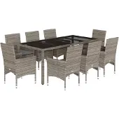 vidaXL 9-tlg. Garten-Essgruppe mit Kissen Grau Poly Rattan und Glas