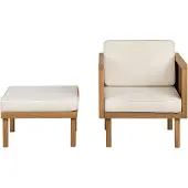 Beliani Lounge-Sessel mit Ottomane Hellbraun Akazienholz 2-teilig für 1 Person mit Auflagen Beige Stoff Outdoor Terrasse Garten Balkon Außenbereich
