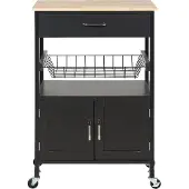 Beliani Servierwagen Schwarz und Heller Holzfarbton aus Holz mit Rollen Schublade Unterschrank für Küche Esszimmer Wohnzimmer