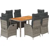 vidaXL 7-tlg. Garten-Essgruppe mit Kissen Grau Poly Rattan