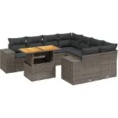 vidaXL 9-tlg. Garten-Sofagarnitur mit Kissen Grau Poly Rattan