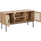 Beliani TV Möbel Heller Holzfarbton 2 Rattan Türen 2 offene Fächer Schwarze Metallbeine 63 x 120 x 39 cm Schrank Boho Multifunktional Wohnzimmer