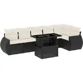 vidaXL 7-tlg. Garten-Sofagarnitur mit Kissen Schwarz Poly Rattan