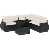 vidaXL 7-tlg. Garten-Sofagarnitur mit Kissen Schwarz Poly Rattan