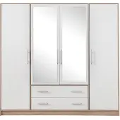Meblar MobelZet, Kleiderschrank START 01 mit Spiegel, Schlafzimmerschrank, Drehtürenschrank, Weiß + Sonoma