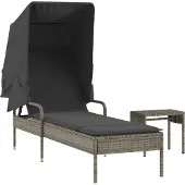 vidaXL Sonnenliege mit Dach und Tisch Grau Poly Rattan